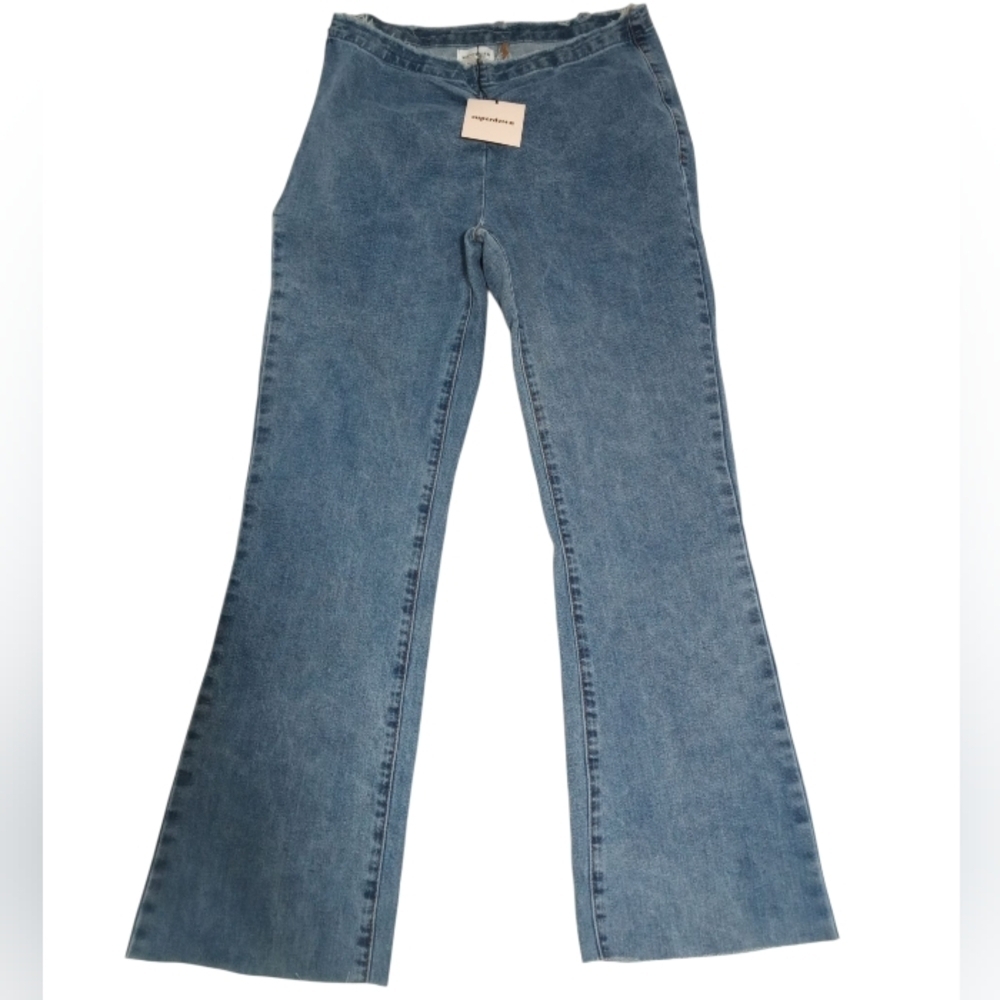 Superdown Isabella Distressed Flare Medium Blue Wash Frayed Hem Jeans Size 29/8